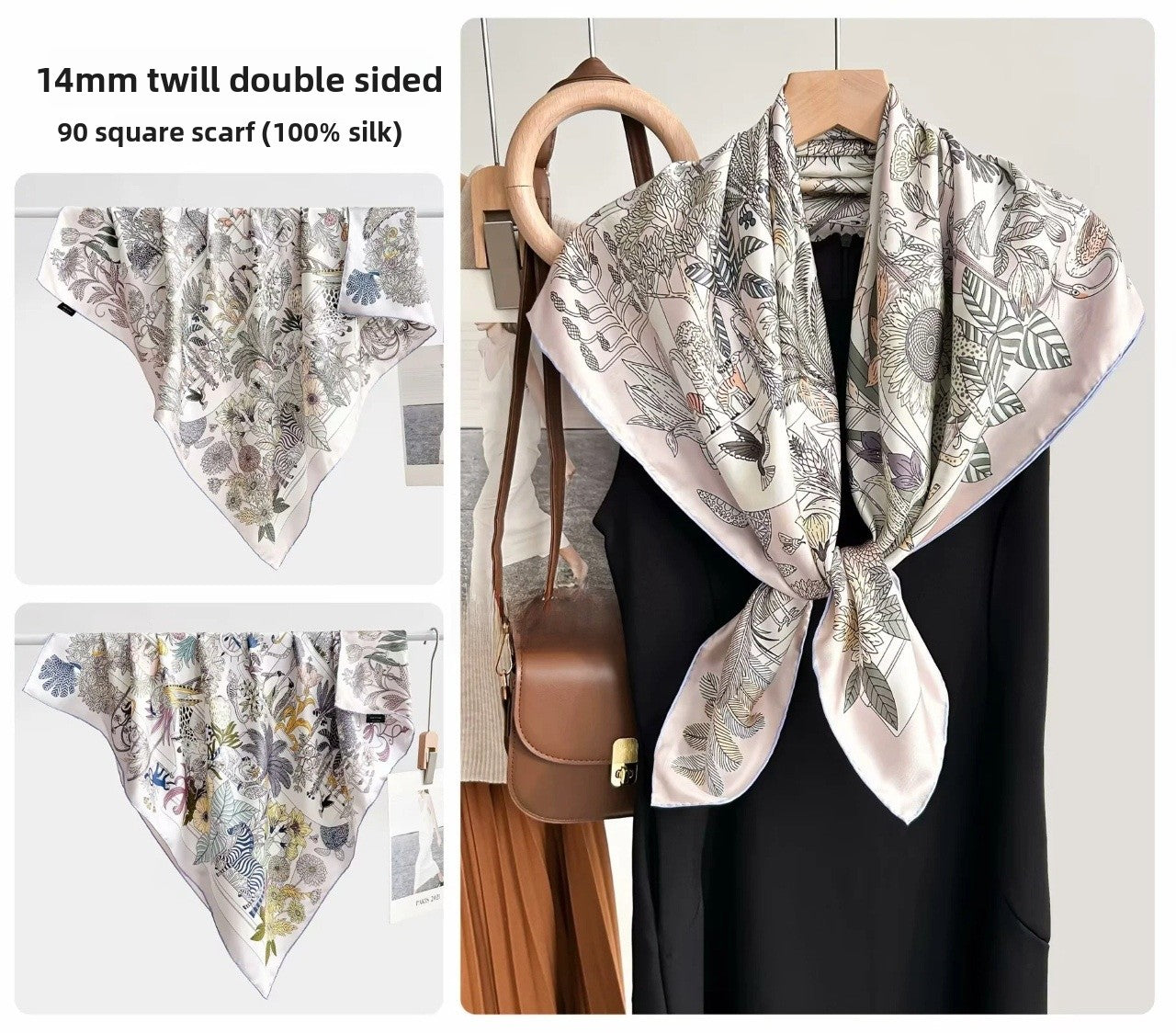 Women’s Silk Plant Pattern Scarf In Multicolor, Suitable For All Seasons