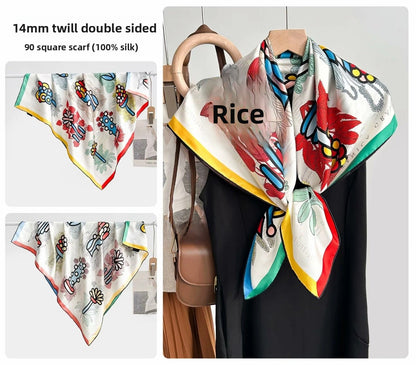Women’s Silk Plant Pattern Scarf In Multicolor, Suitable For All Seasons