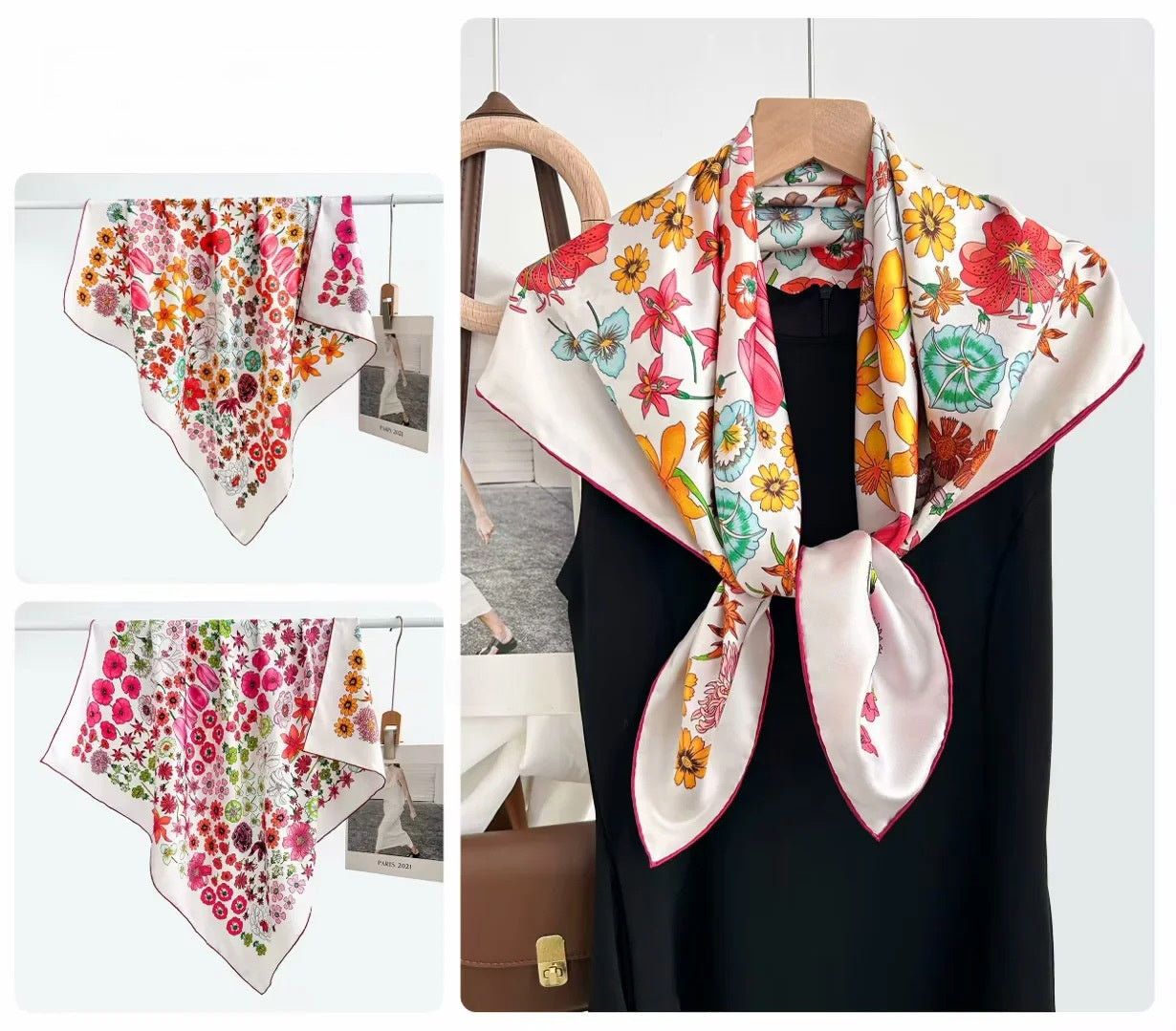 Women’s Silk Plant Pattern Scarf In Multicolor, Suitable For All Seasons