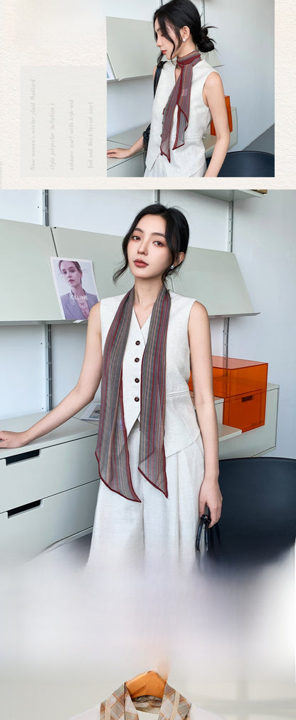 French Style Plaid Silk Scarf For Women In Multicolor Polyester, Perfect For Spring