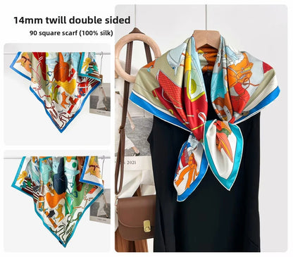 Women’s Silk Plant Pattern Scarf In Multicolor, Suitable For All Seasons