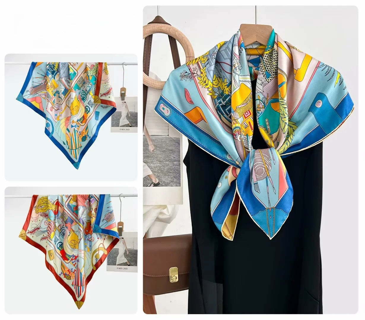Women’s Silk Plant Pattern Scarf In Multicolor, Suitable For All Seasons