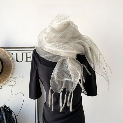 Original Design Solid Color Scarf In White Silk, Perfect For Spring & Summer