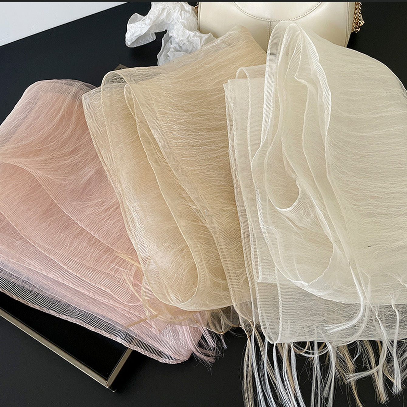 Original Design Solid Color Scarf In White Silk, Perfect For Spring & Summer