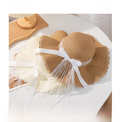 Original Design Women's Straw Bow Tie Straw Hat With Rolled Brim Featuring UV Protection