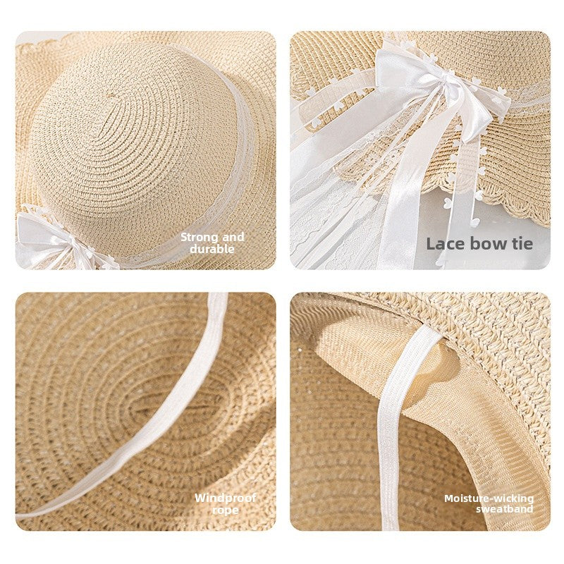 Original Design Women's Straw Bow Tie Straw Hat With Rolled Brim Featuring UV Protection