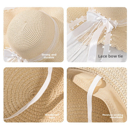 Original Design Women's Straw Bow Tie Straw Hat With Rolled Brim Featuring UV Protection