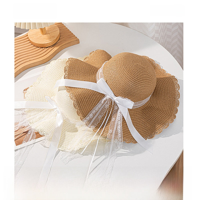 Original Design Women's Straw Bow Tie Straw Hat With Rolled Brim Featuring UV Protection