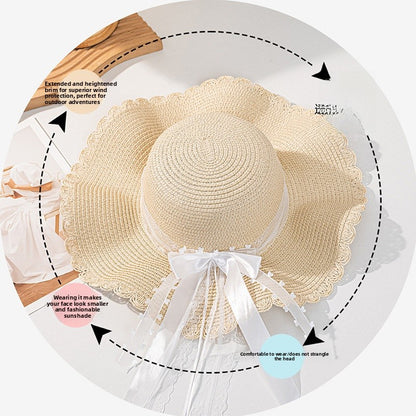 Original Design Women's Straw Bow Tie Straw Hat With Rolled Brim Featuring UV Protection