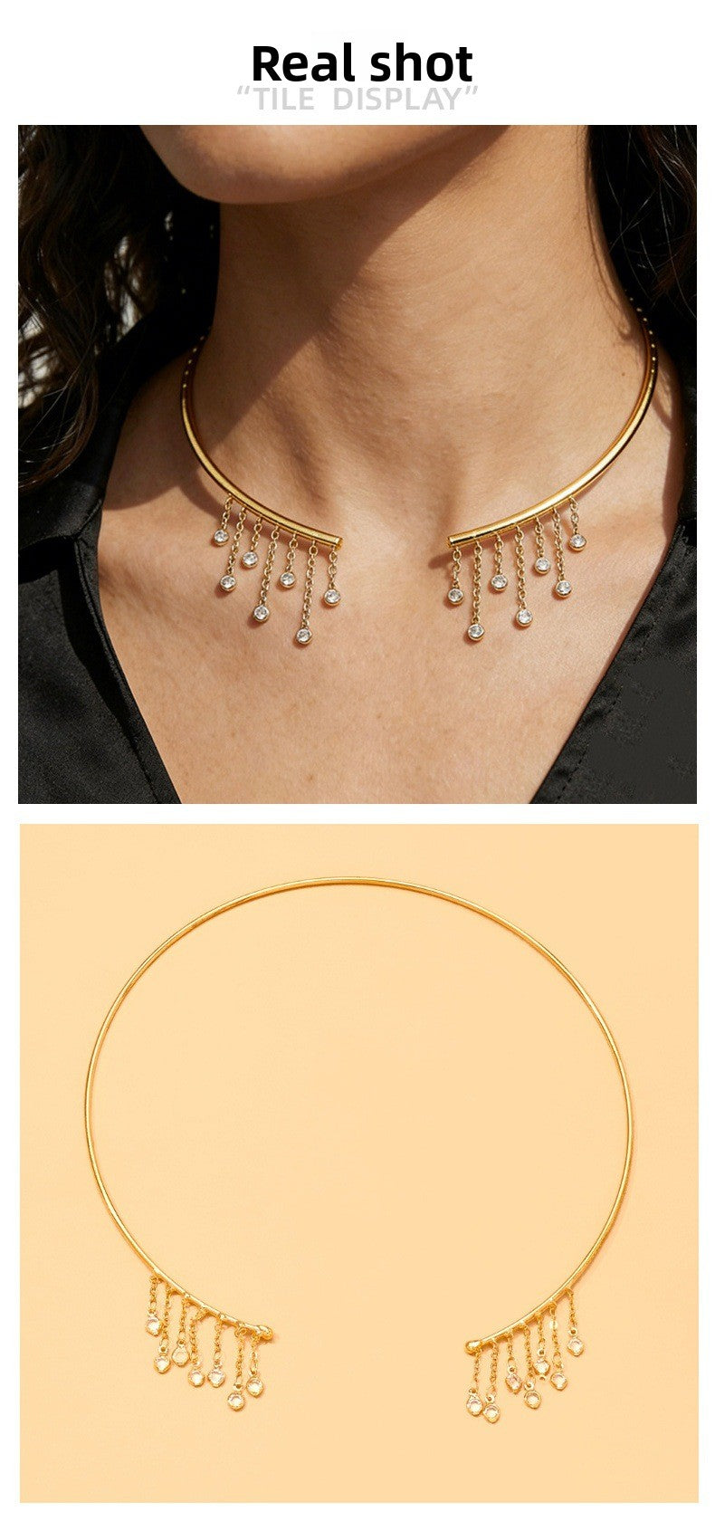 Geometric Tassel Alloy Choker With Rhinestones Pendant For Women, Stylish And Elegant Necklace