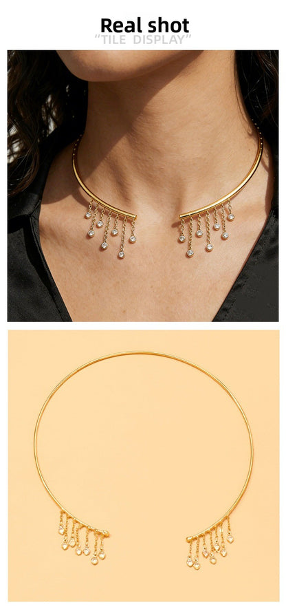 Geometric Tassel Alloy Choker With Rhinestones Pendant For Women, Stylish And Elegant Necklace