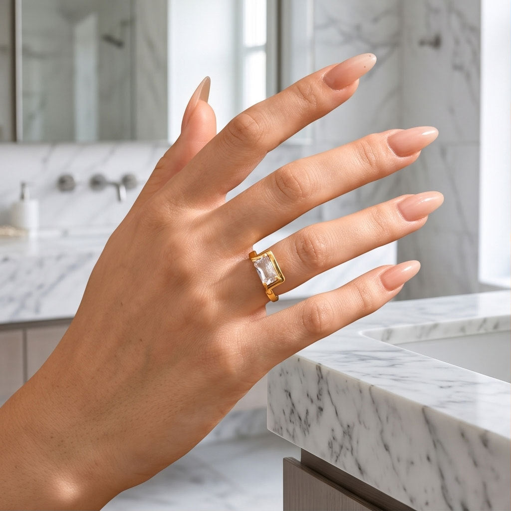 Waterproof Non Tarnish Unisex Ring In 304 Stainless Steel With 18K Real Gold Plated PVD Coating And Zircon Inlay