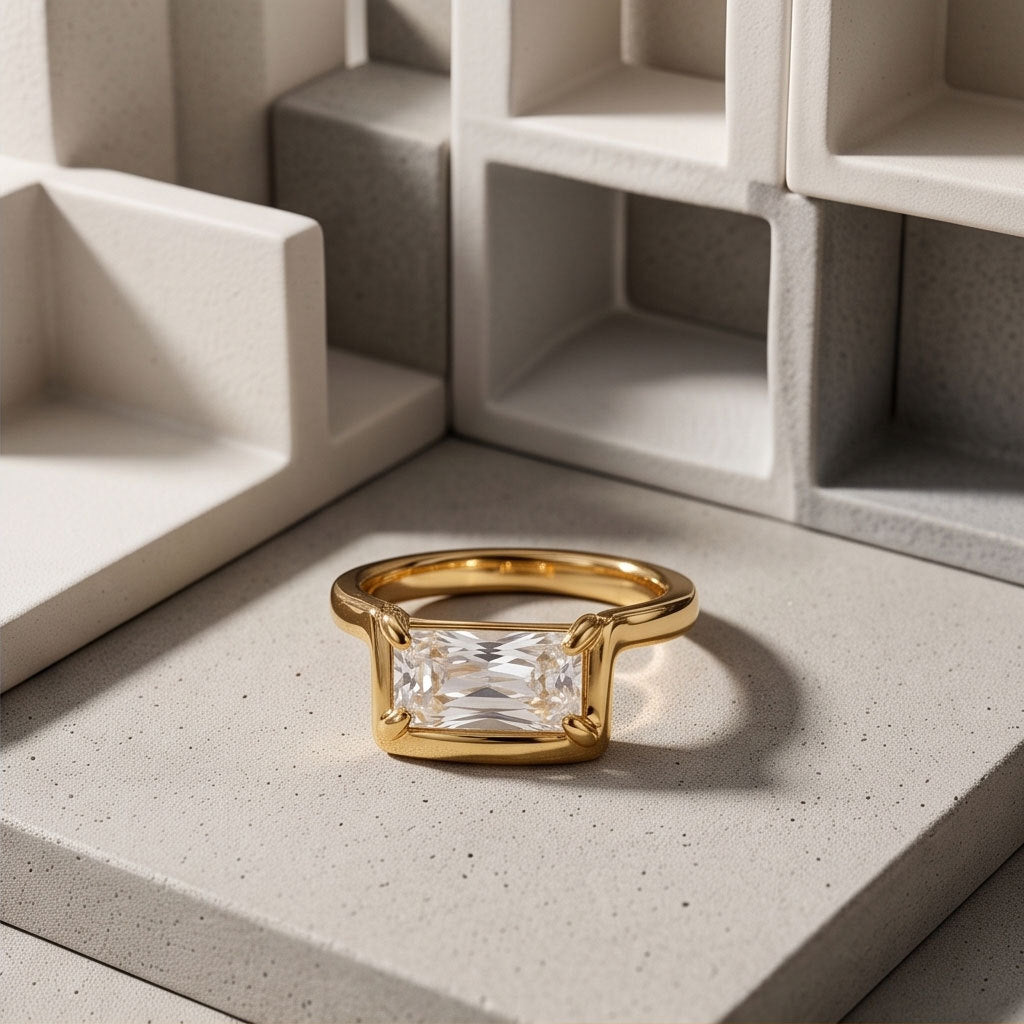 Waterproof Non Tarnish Unisex Ring In 304 Stainless Steel With 18K Real Gold Plated PVD Coating And Zircon Inlay