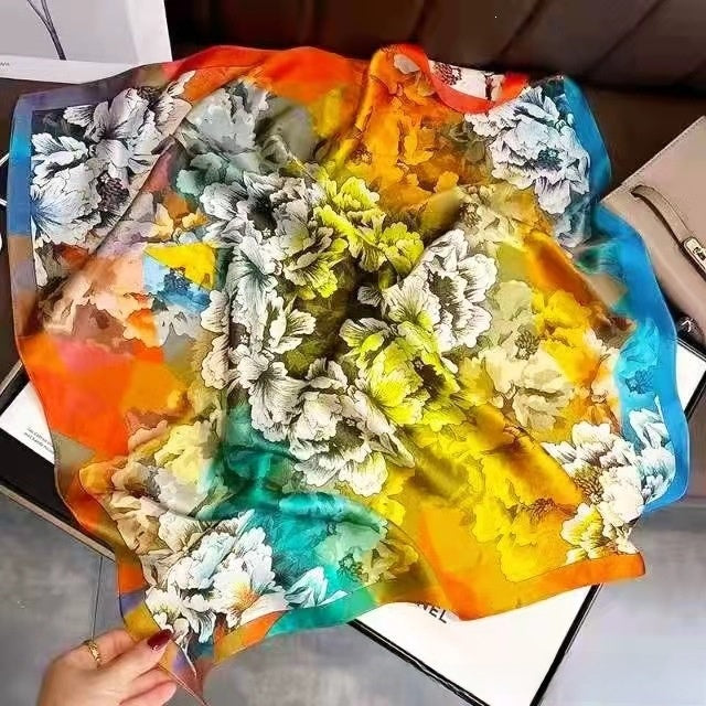 Women's Chiffon Silk Scarf With Flowers Pattern In White, Perfect For Spring