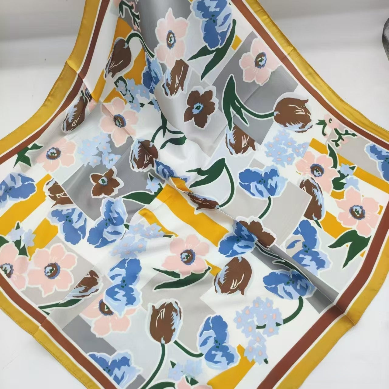 Women's Chiffon Silk Scarf With Flowers Pattern In White, Perfect For Spring