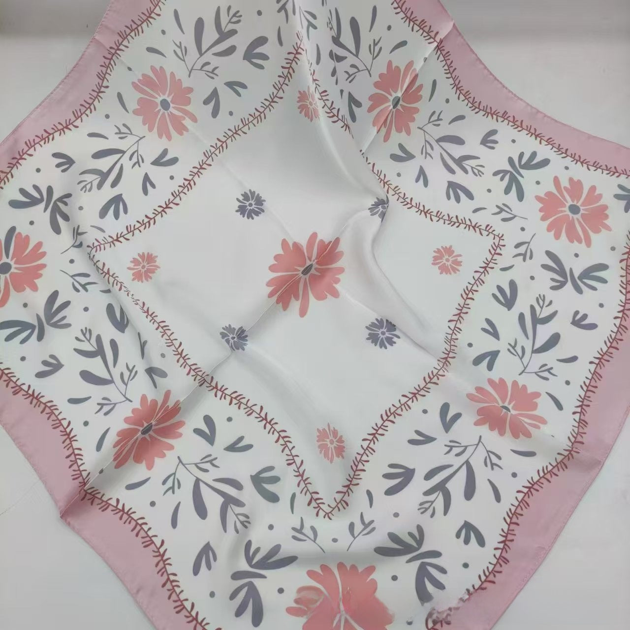 Women's Chiffon Silk Scarf With Flowers Pattern In White, Perfect For Spring