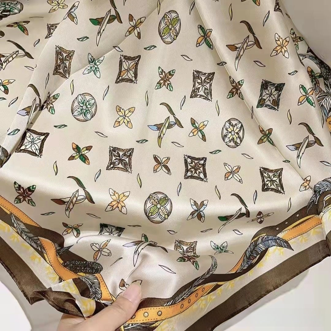 Women's Chiffon Silk Scarf With Flowers Pattern In White, Perfect For Spring