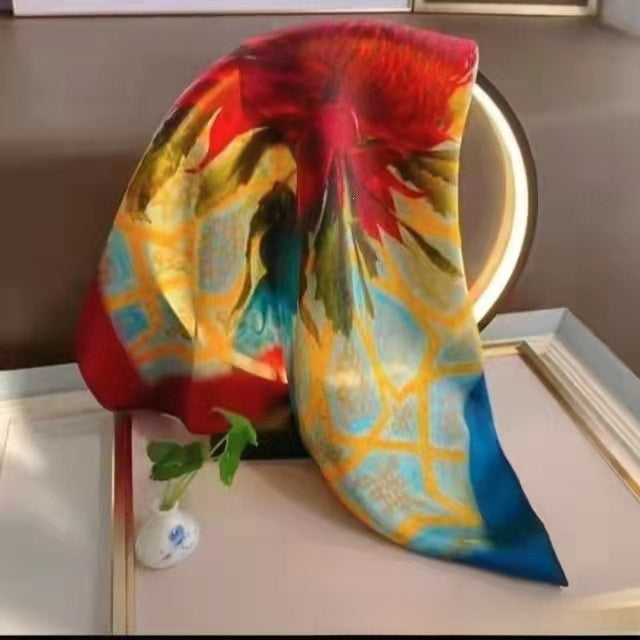 Women's Chiffon Silk Scarf With Flowers Pattern In White, Perfect For Spring