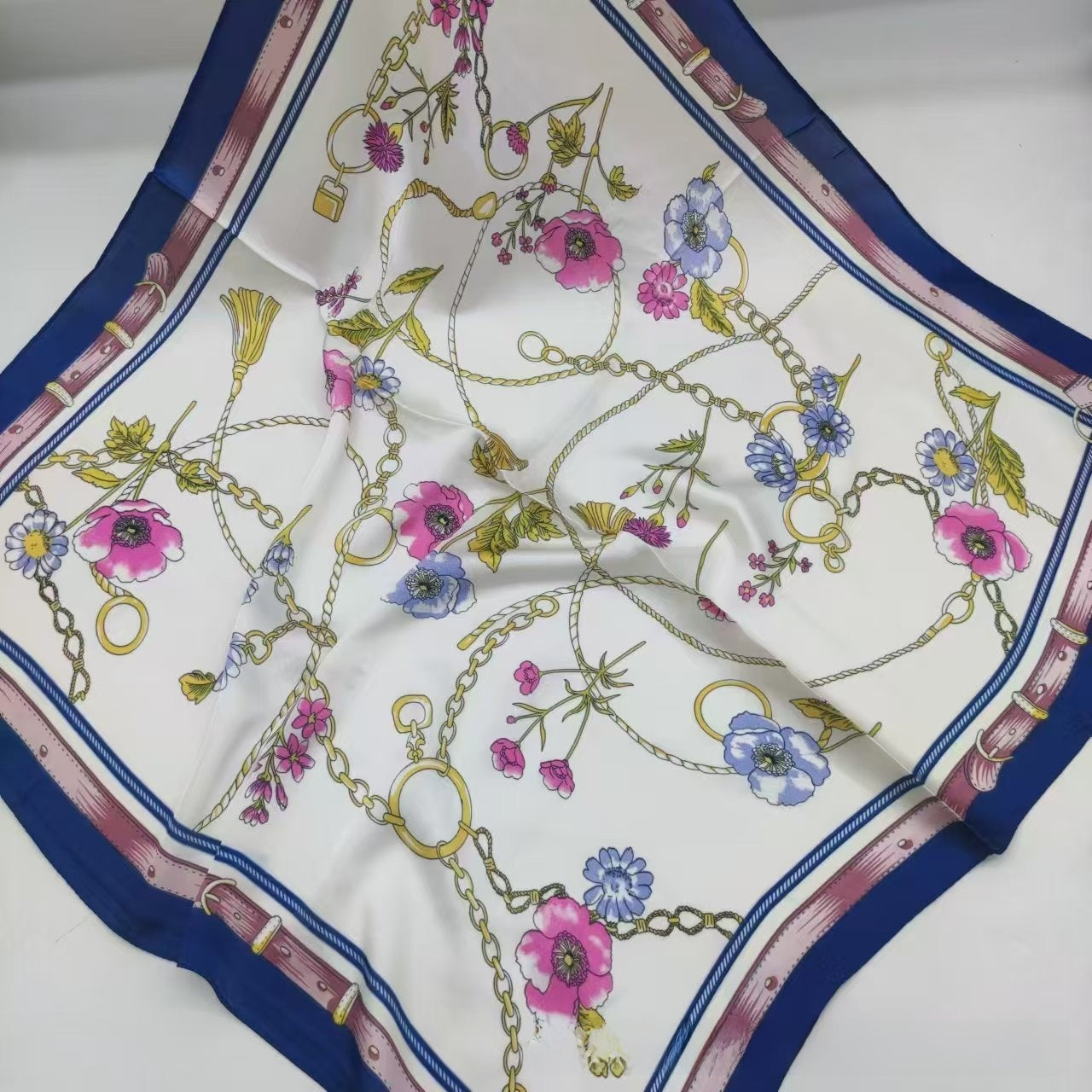 Women's Chiffon Silk Scarf With Flowers Pattern In White, Perfect For Spring