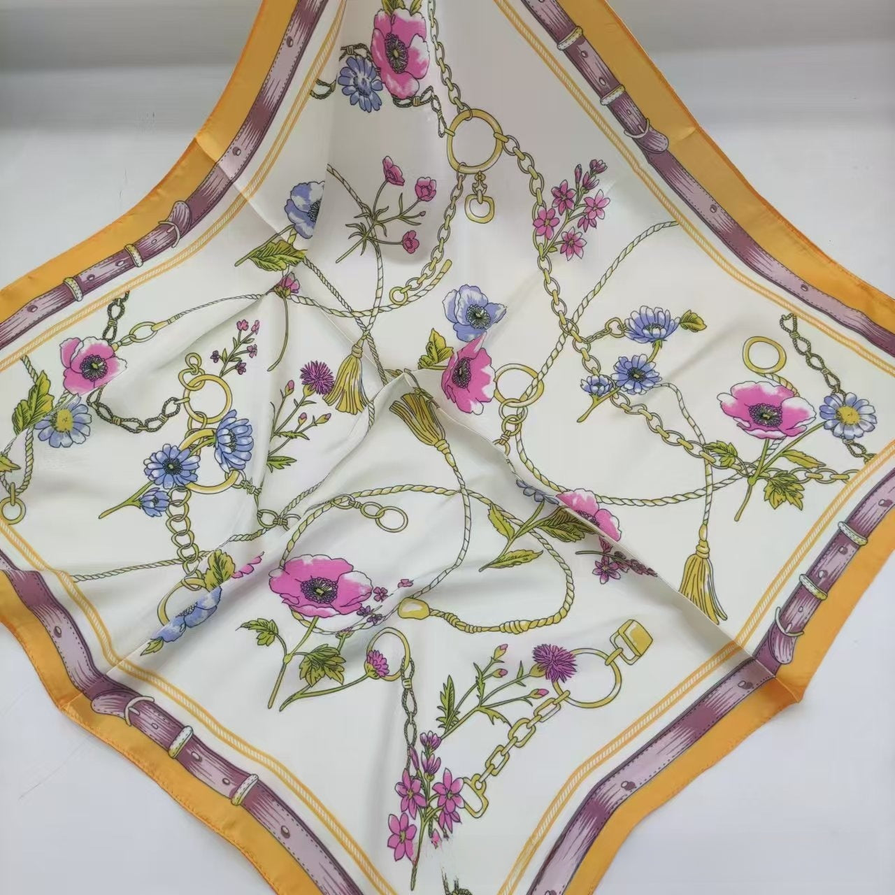 Women's Chiffon Silk Scarf With Flowers Pattern In White, Perfect For Spring
