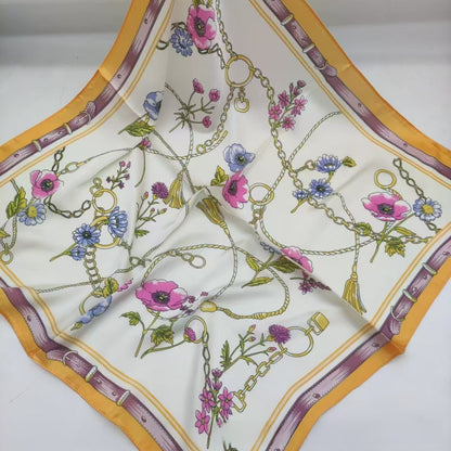 Women's Chiffon Silk Scarf With Flowers Pattern In White, Perfect For Spring