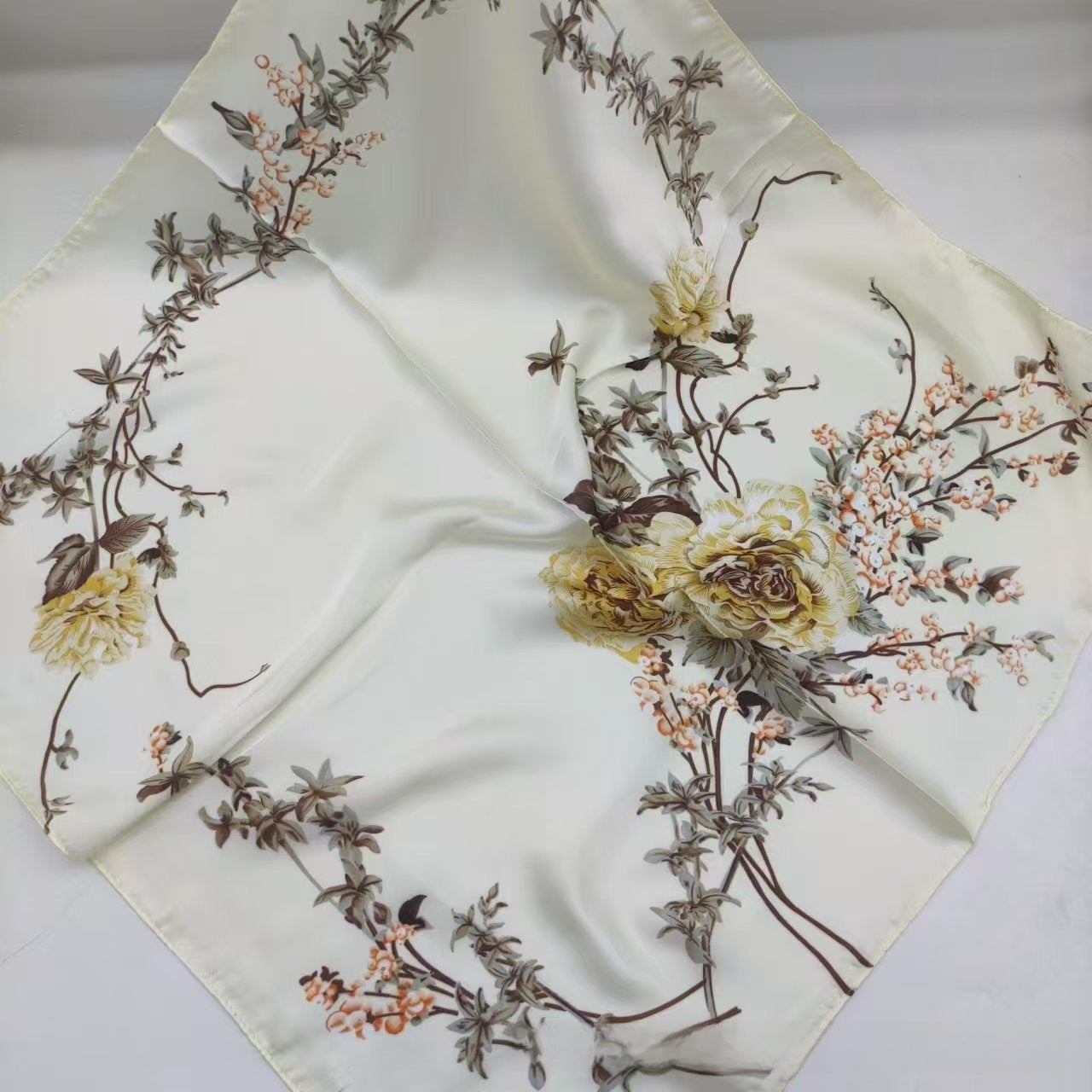 Women's Chiffon Silk Scarf With Flowers Pattern In White, Perfect For Spring