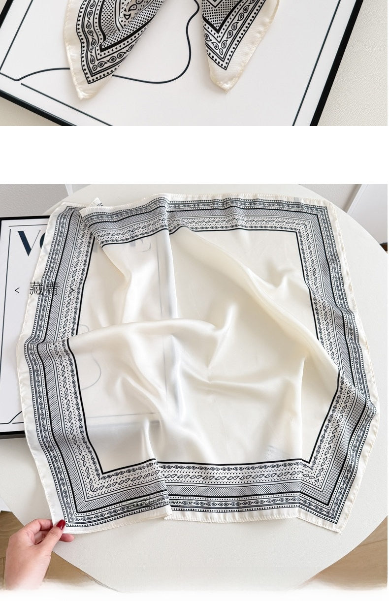 Sweet Style Women's Satin Silk Scarf Featuring Cashew Nuts Pattern In Black & White For Winter