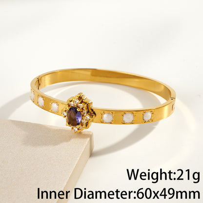 Round Electroplated Bangle For Women In 304 Stainless Steel With 18K Real Gold PVD Coating And Rhinestone Inlay