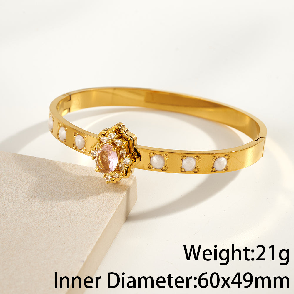 Round Electroplated Bangle For Women In 304 Stainless Steel With 18K Real Gold PVD Coating And Rhinestone Inlay
