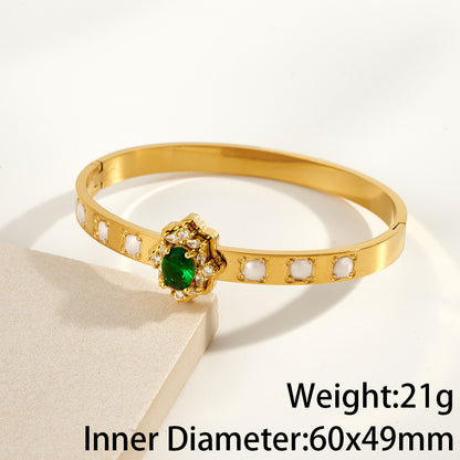 Round Electroplated Bangle For Women In 304 Stainless Steel With 18K Real Gold PVD Coating And Rhinestone Inlay