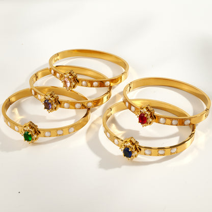Round Electroplated Bangle For Women In 304 Stainless Steel With 18K Real Gold PVD Coating And Rhinestone Inlay