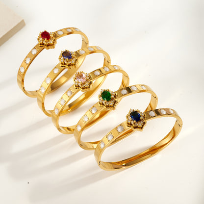 Round Electroplated Bangle For Women In 304 Stainless Steel With 18K Real Gold PVD Coating And Rhinestone Inlay
