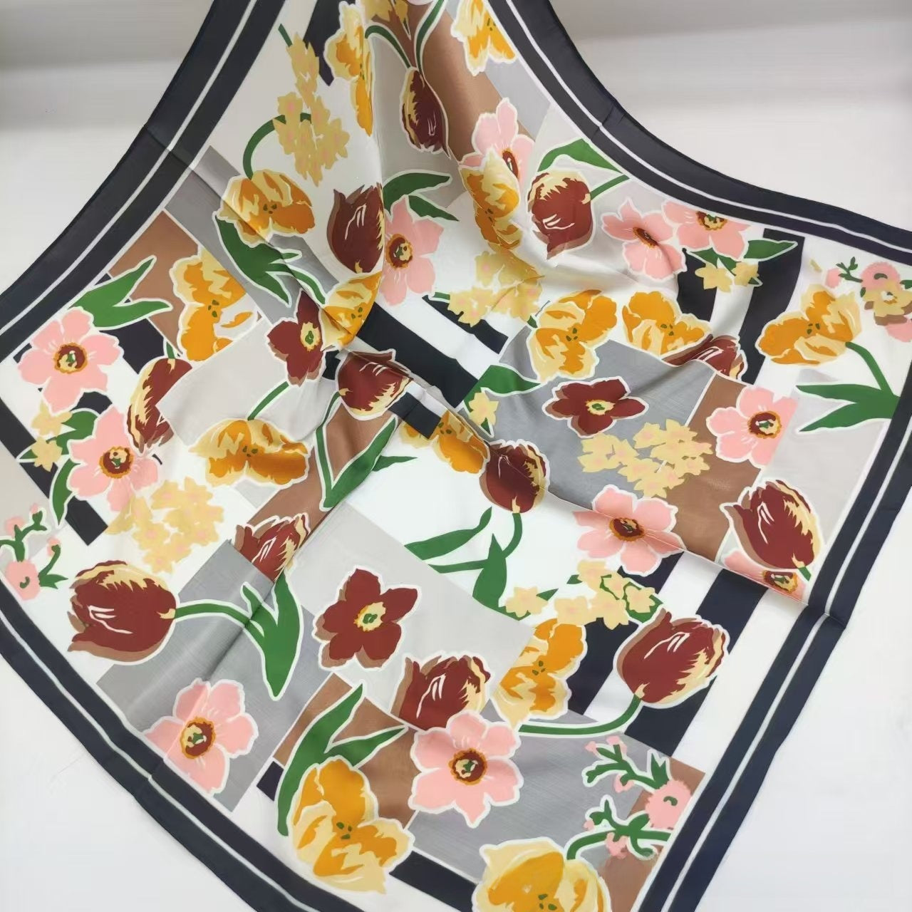 Women's Chiffon Silk Scarf With Flowers Pattern In White, Perfect For Spring
