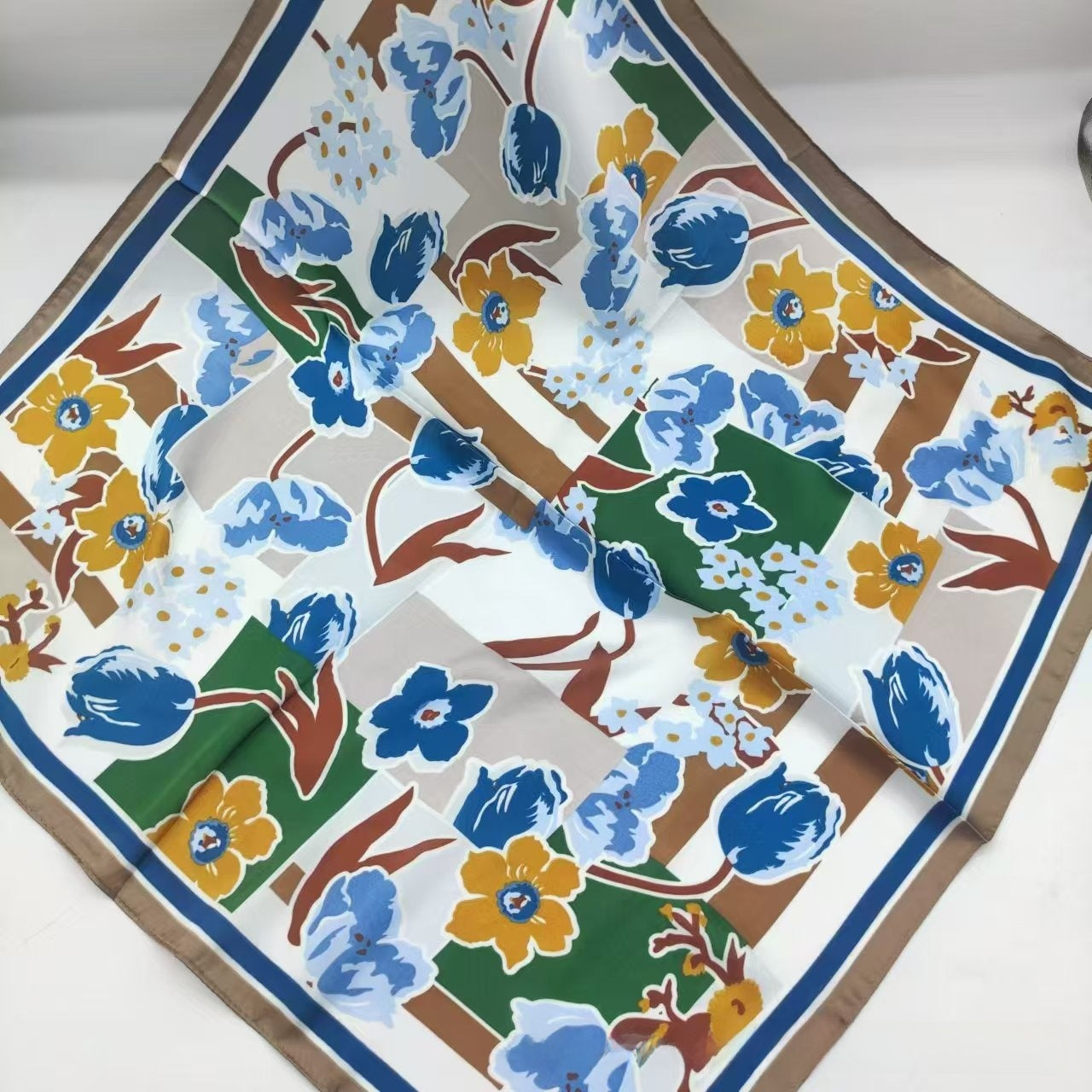 Women's Chiffon Silk Scarf With Flowers Pattern In White, Perfect For Spring