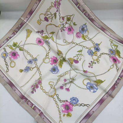 Women's Chiffon Silk Scarf With Flowers Pattern In White, Perfect For Spring