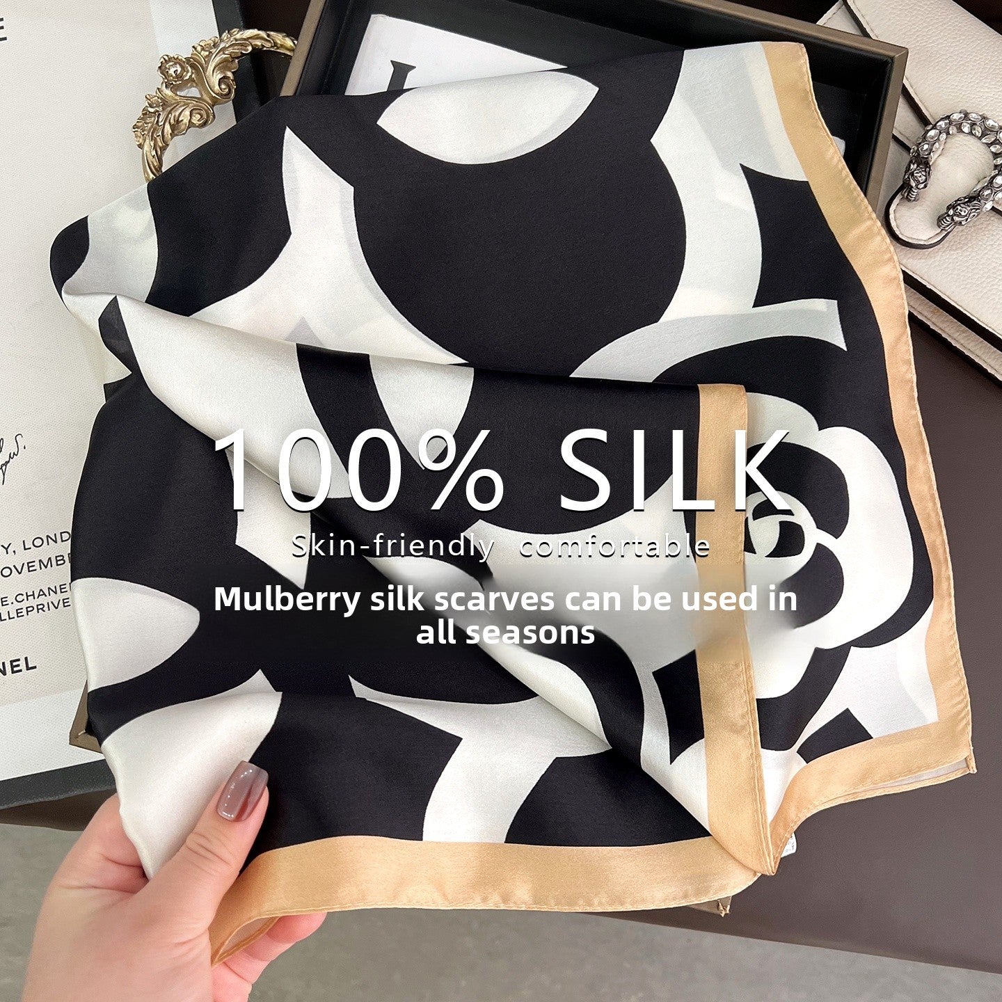 French Style Silk Scarf For Women Featuring Elegant Black & White Flowers, Perfect For Summer