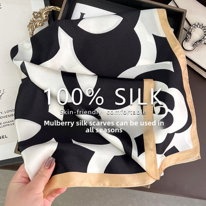 French Style Silk Scarf For Women Featuring Elegant Black & White Flowers, Perfect For Summer