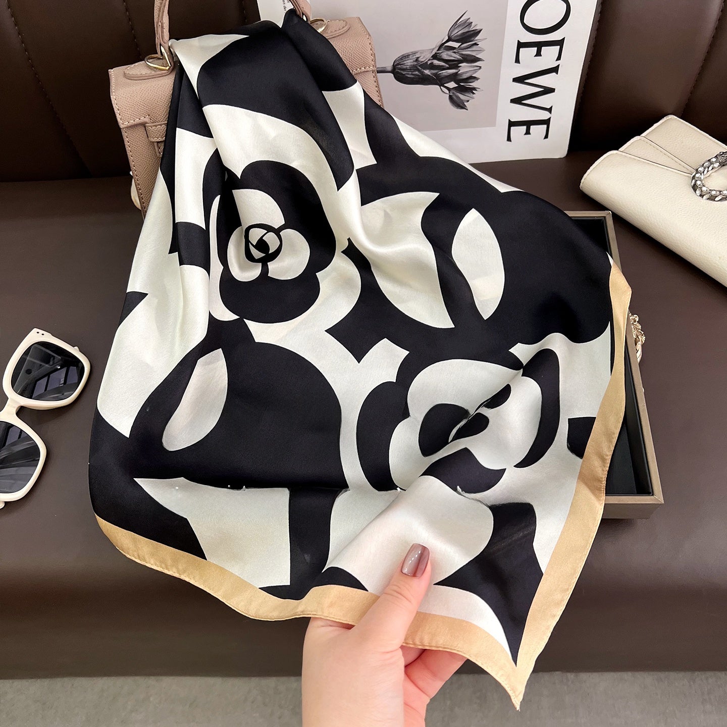 French Style Silk Scarf For Women Featuring Elegant Black & White Flowers, Perfect For Summer