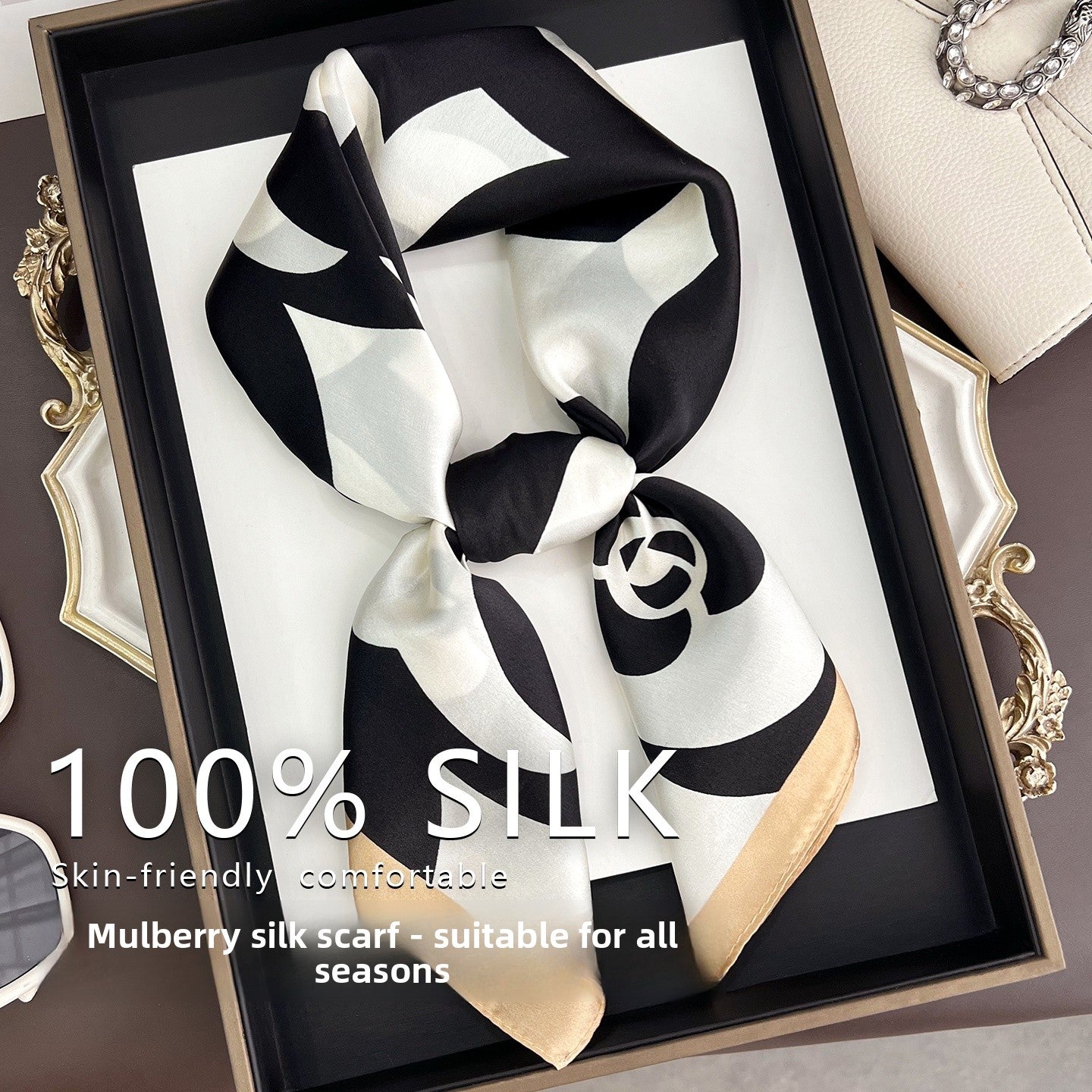 French Style Silk Scarf For Women Featuring Elegant Black & White Flowers, Perfect For Summer