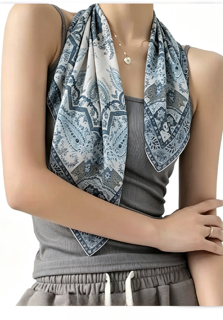 Retro Silk Scarf For Women Featuring Elegant Flowers, Perfect For Summer