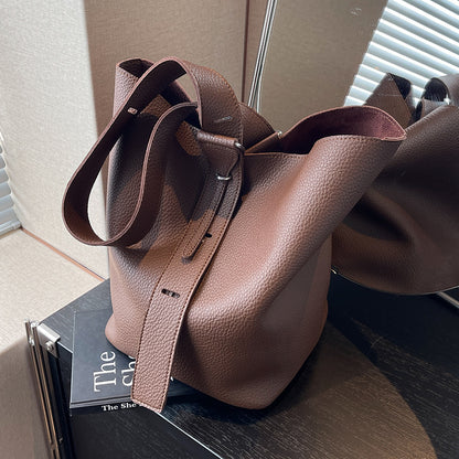 Women’s PU Leather Bucket Bag With Sewing Thread Detail, Single Shoulder Strap, Perfect For Spring