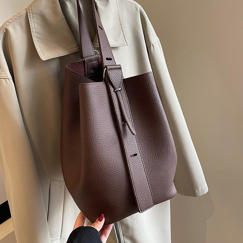 Women’s PU Leather Bucket Bag With Sewing Thread Detail, Single Shoulder Strap, Perfect For Spring