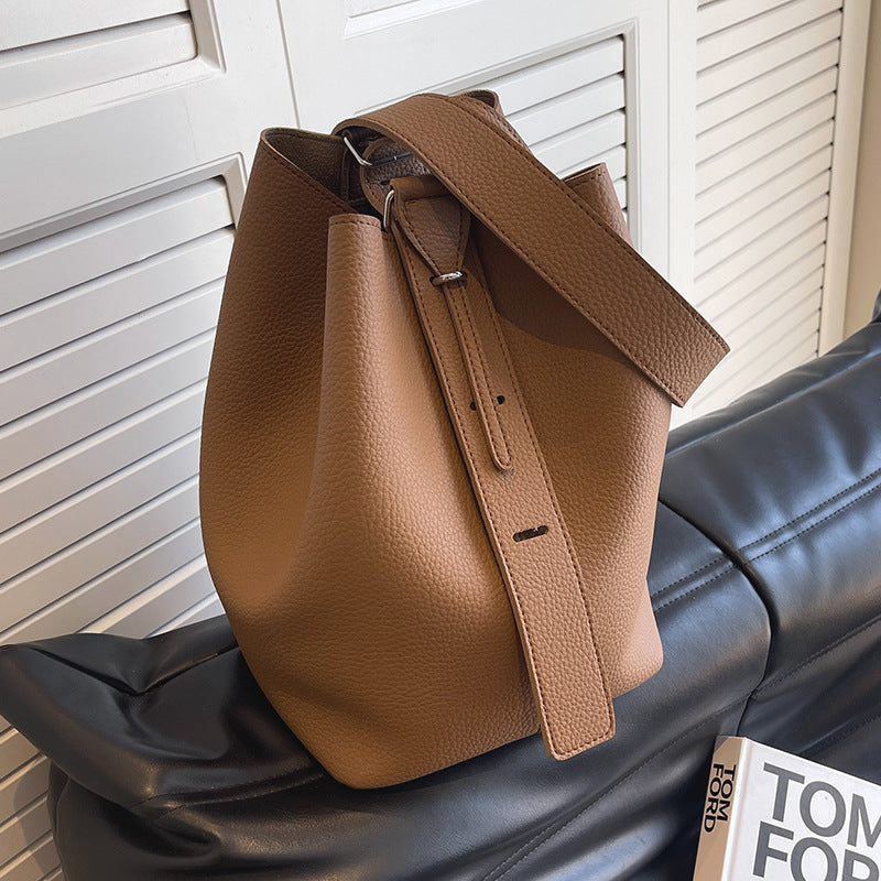 Women’s PU Leather Bucket Bag With Sewing Thread Detail, Single Shoulder Strap, Perfect For Spring