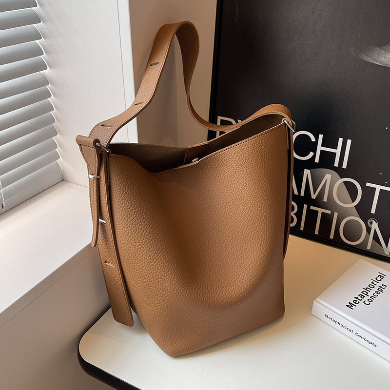 Women’s PU Leather Bucket Bag With Sewing Thread Detail, Single Shoulder Strap, Perfect For Spring