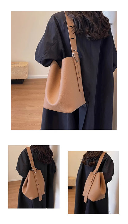 Women’s PU Leather Bucket Bag With Sewing Thread Detail, Single Shoulder Strap, Perfect For Spring