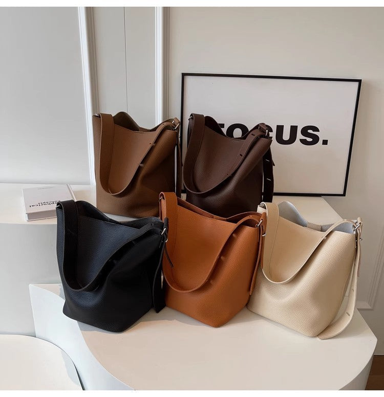 Women’s PU Leather Bucket Bag With Sewing Thread Detail, Single Shoulder Strap, Perfect For Spring