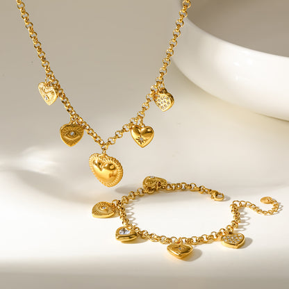 Heart Shape Electroplated Jewelry Set For Women In 304 Stainless Steel With 18K Gold PVD Coating And Zircon Inlay