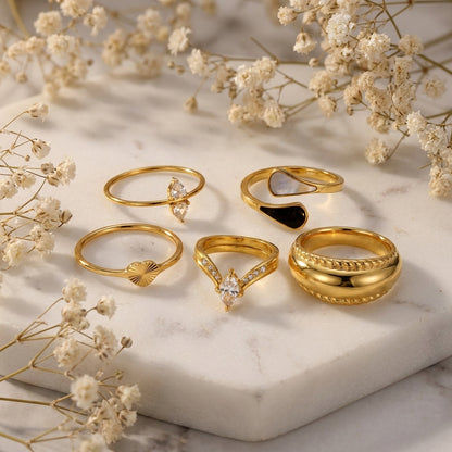 Geometric Electroplated Rings For Women In 304 Stainless Steel With 18K Real Gold PVD Coating And Shell Inlay