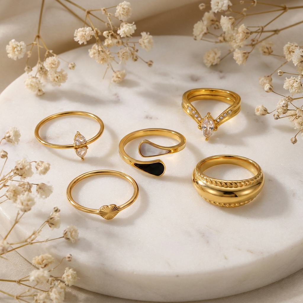 Geometric Electroplated Rings For Women In 304 Stainless Steel With 18K Real Gold PVD Coating And Shell Inlay