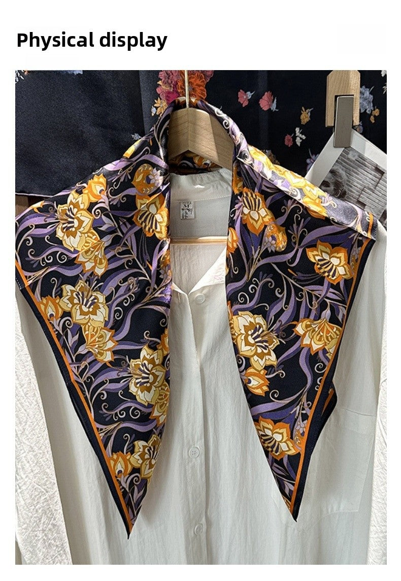 Silk Bandana With Flowers Pattern In Purple, Perfect For Summer
